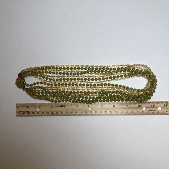Vintage 1940s 8-Strand Green Beaded Torsade Necklace - Ornate Clasp Estate Piece - Picture 6 of 11